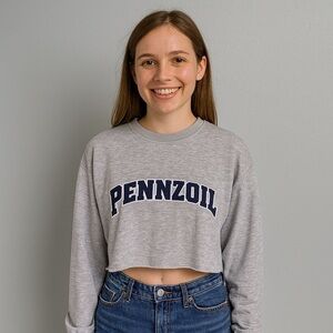Pennzoil Cropped Crewneck Long Sleeve Oversize Sweatshirt Grey XL X-Large